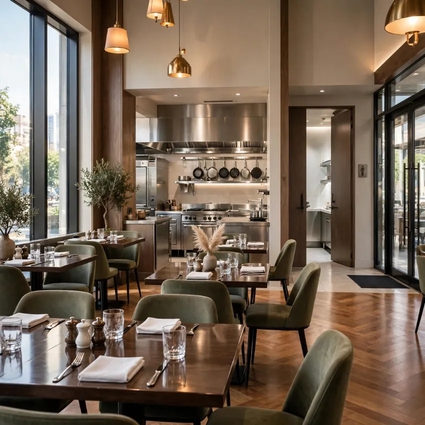 Cleaner wiping down a stainless steel restaurant counter